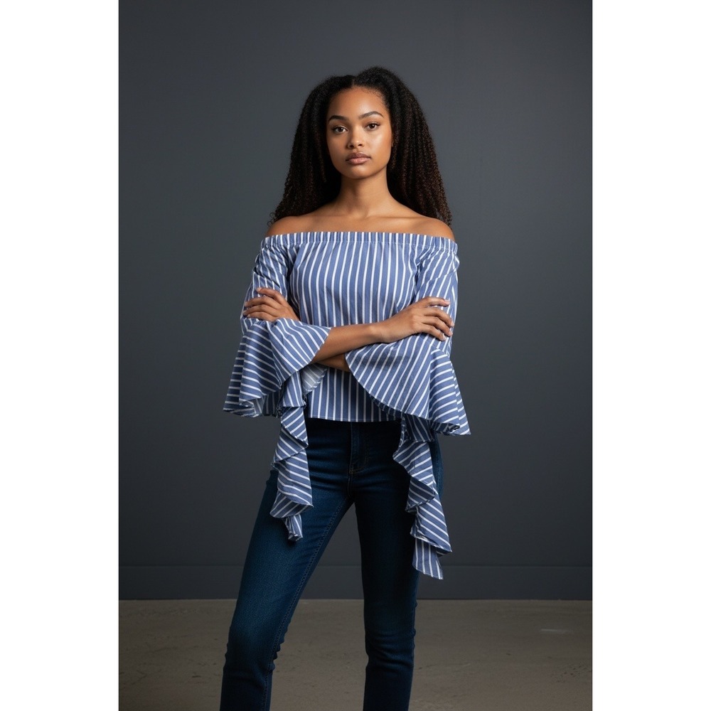 Bishop + Young Blue White Striped Off-The-Shoulder Ruffle Tiered Sleeve Top S